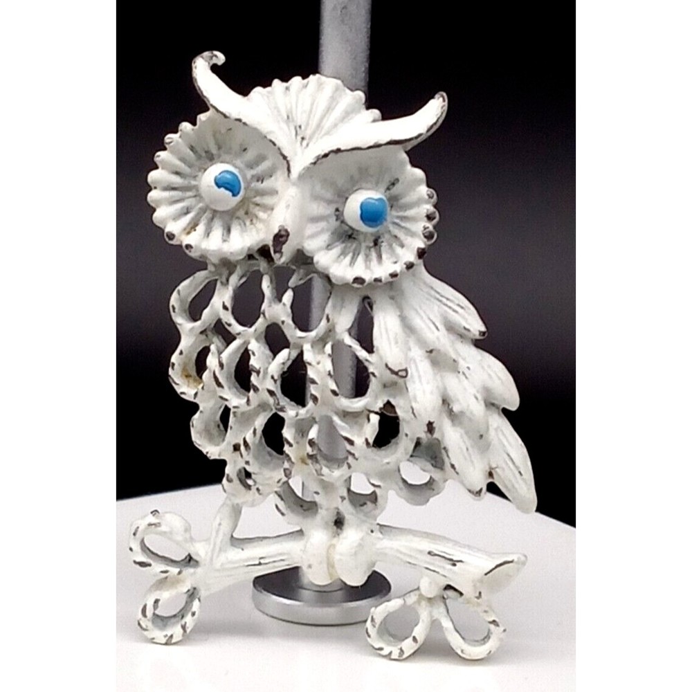 Owl Bird On Branch Brooch Pin White Enamel Blue Eyes Silver Tone Metal Vintage